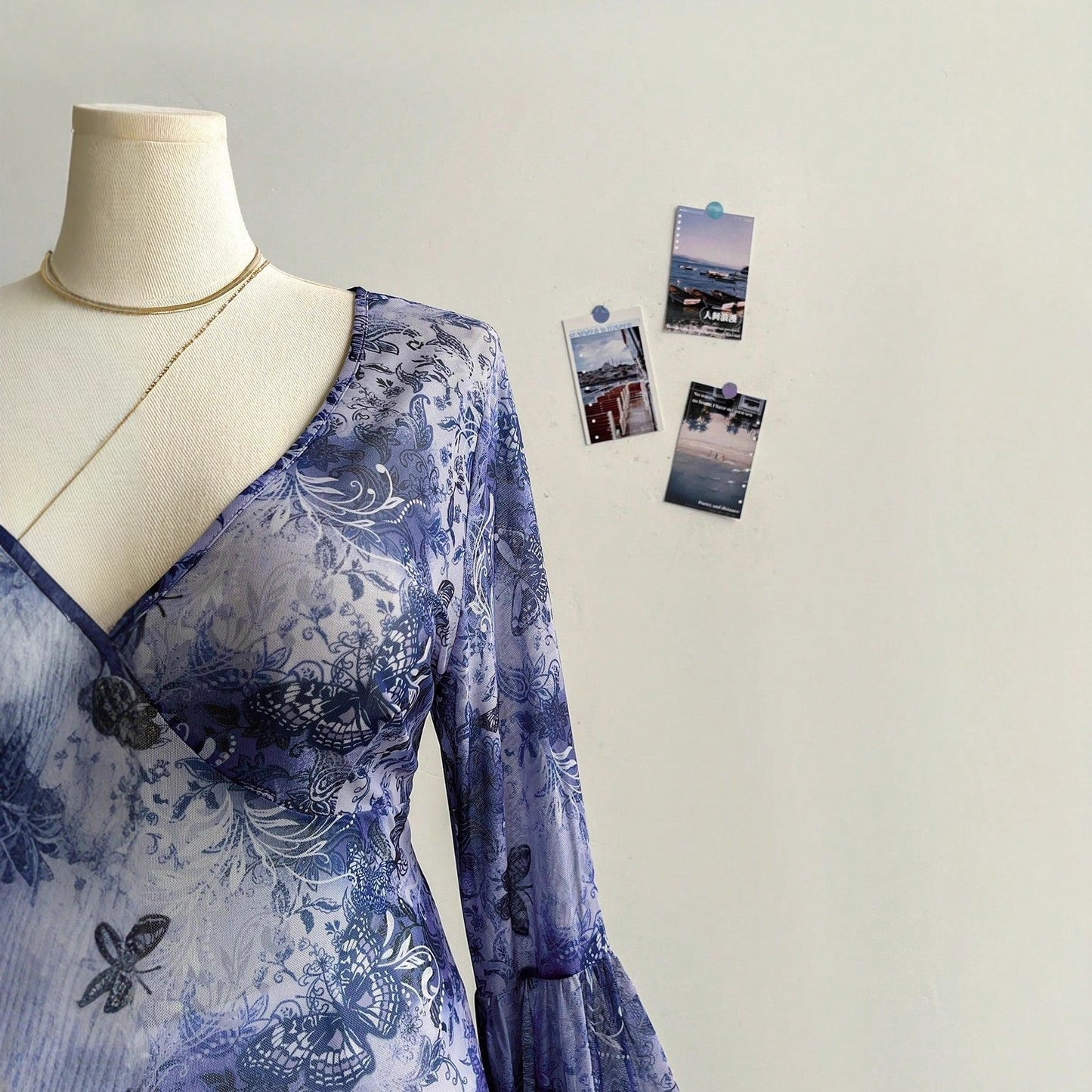 Butterfly Print V-Neck Top with Bell Sleeves and Asymmetric Hem