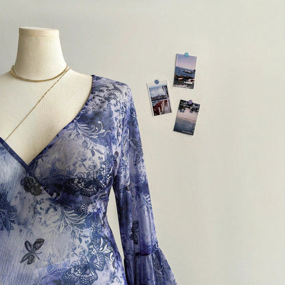 Butterfly Print V-Neck Top with Bell Sleeves and Asymmetric Hem