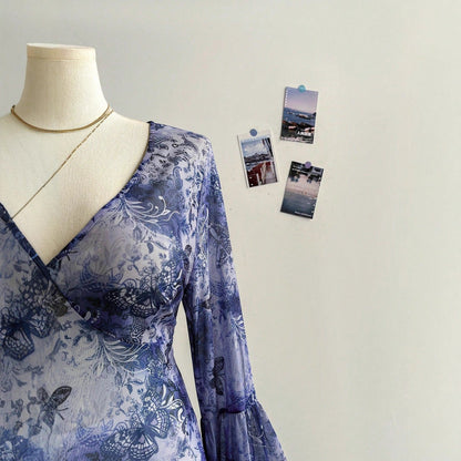 Butterfly Print V-Neck Top with Bell Sleeves and Asymmetric Hem