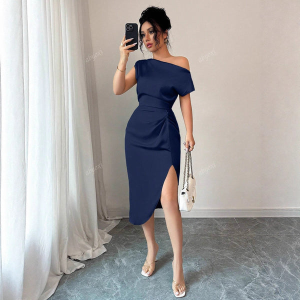 Off-Shoulder Sheath Midi Dress with Ruched Waist and Slit