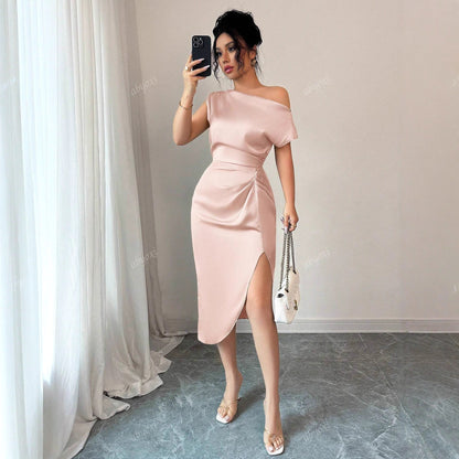 Off-Shoulder Sheath Midi Dress with Ruched Waist and Slit