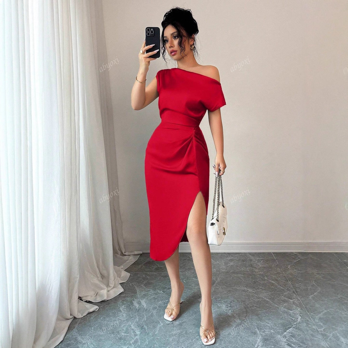 Off-Shoulder Sheath Midi Dress with Ruched Waist and Slit