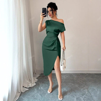 Off-Shoulder Sheath Midi Dress with Ruched Waist and Slit