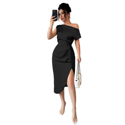 Off-Shoulder Sheath Midi Dress with Ruched Waist and Slit