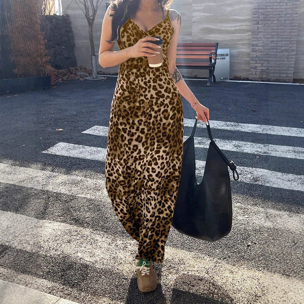 Leopard Print Maxi Dress with V-Neck and High Waist
