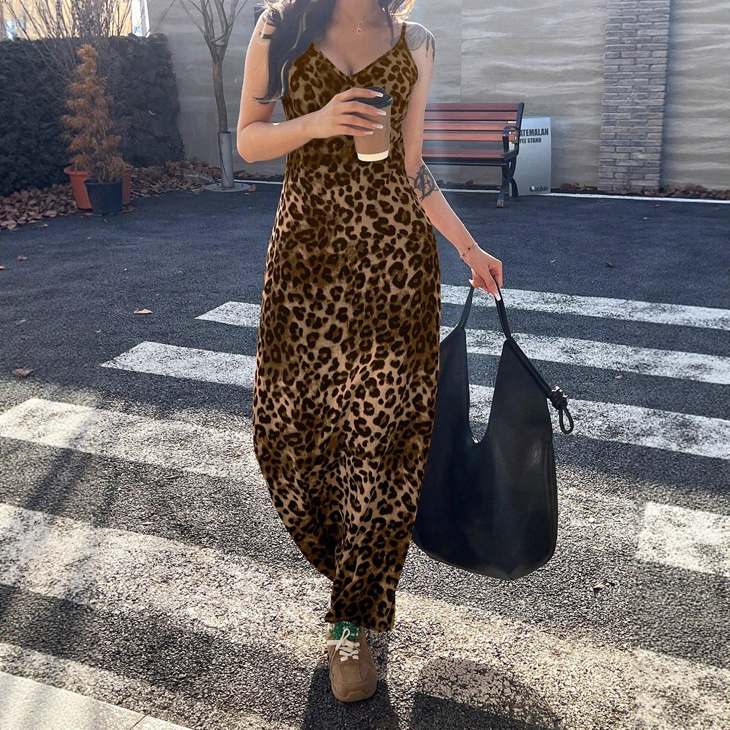 Leopard Print Maxi Dress with V-Neck and High Waist