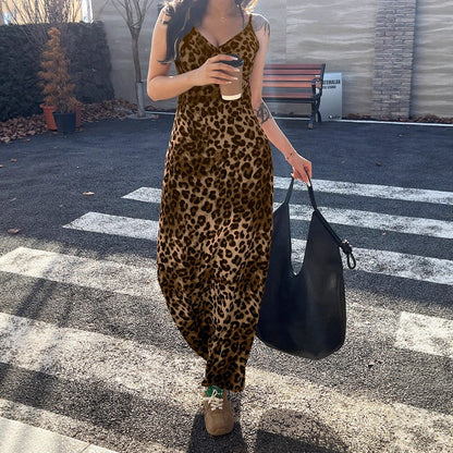 Leopard Print Maxi Dress with V-Neck and High Waist