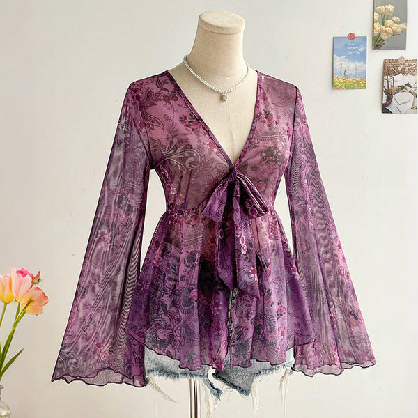 Floral Print Mesh Blouse with Tie-Front and Bell Sleeves