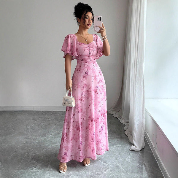 Floral Print Maxi Dress with Flutter Sleeves and Ruched Bust