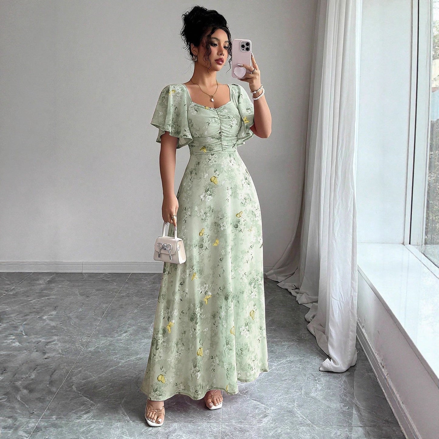Floral Print Maxi Dress with Flutter Sleeves and Ruched Bust