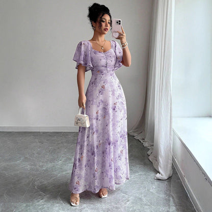 Floral Print Maxi Dress with Flutter Sleeves and Ruched Bust