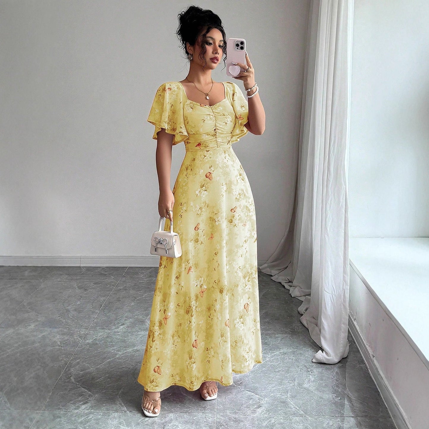 Floral Print Maxi Dress with Flutter Sleeves and Ruched Bust
