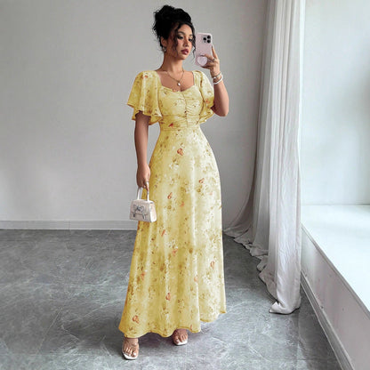 Floral Print Maxi Dress with Flutter Sleeves and Ruched Bust