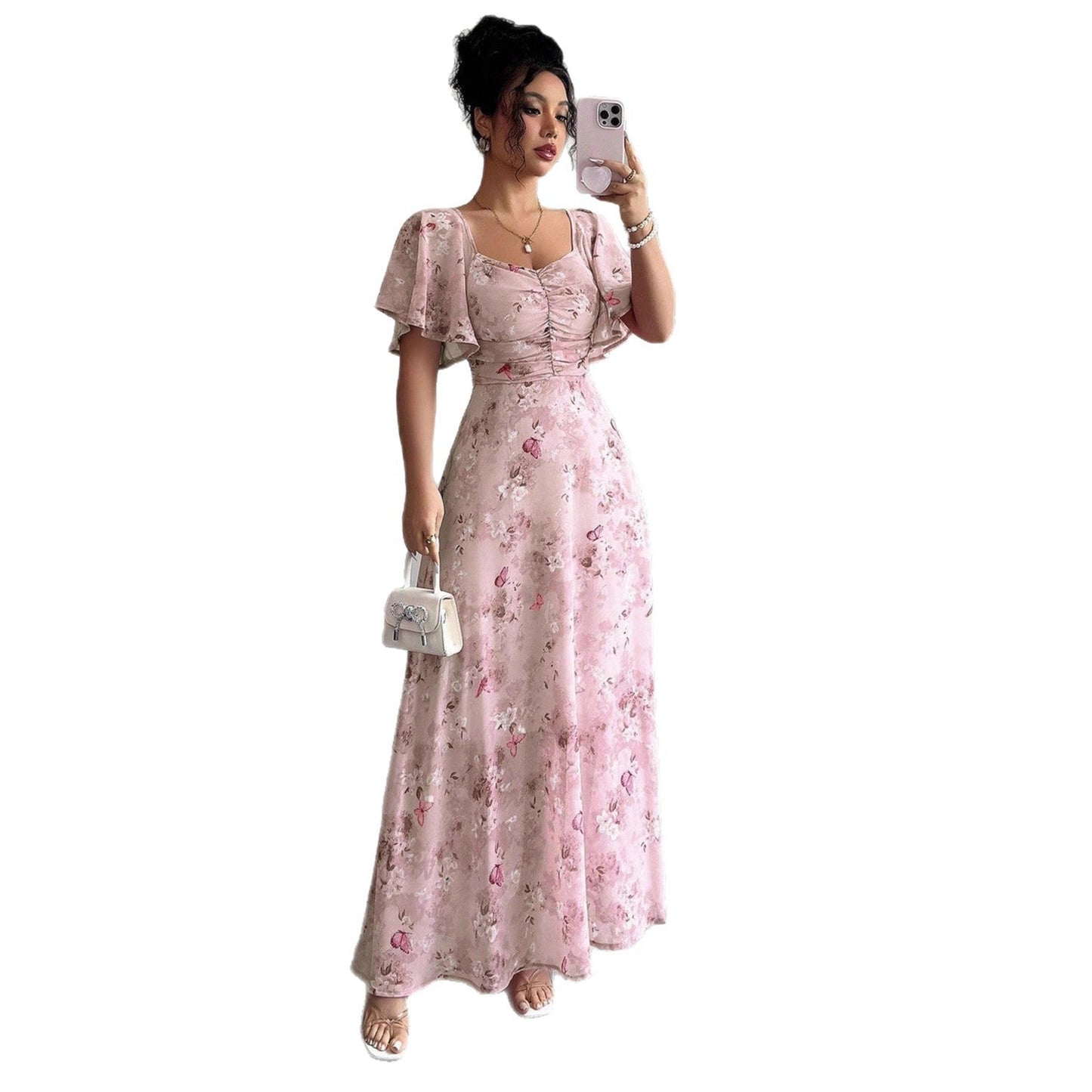 Floral Print Maxi Dress with Flutter Sleeves and Ruched Bust