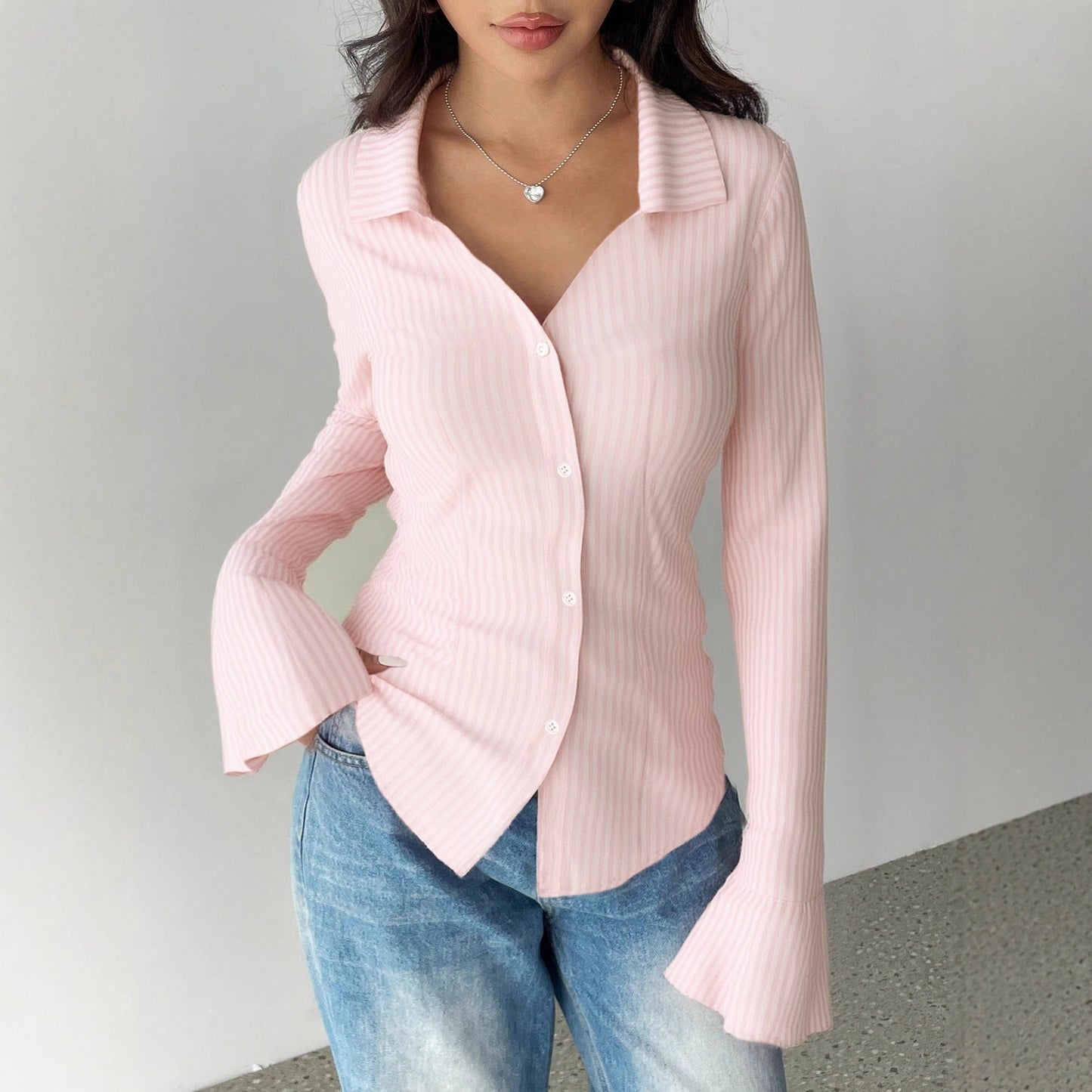 Slim Fit Ribbed Cardigan with Collared V-Neck and Bell Sleeves