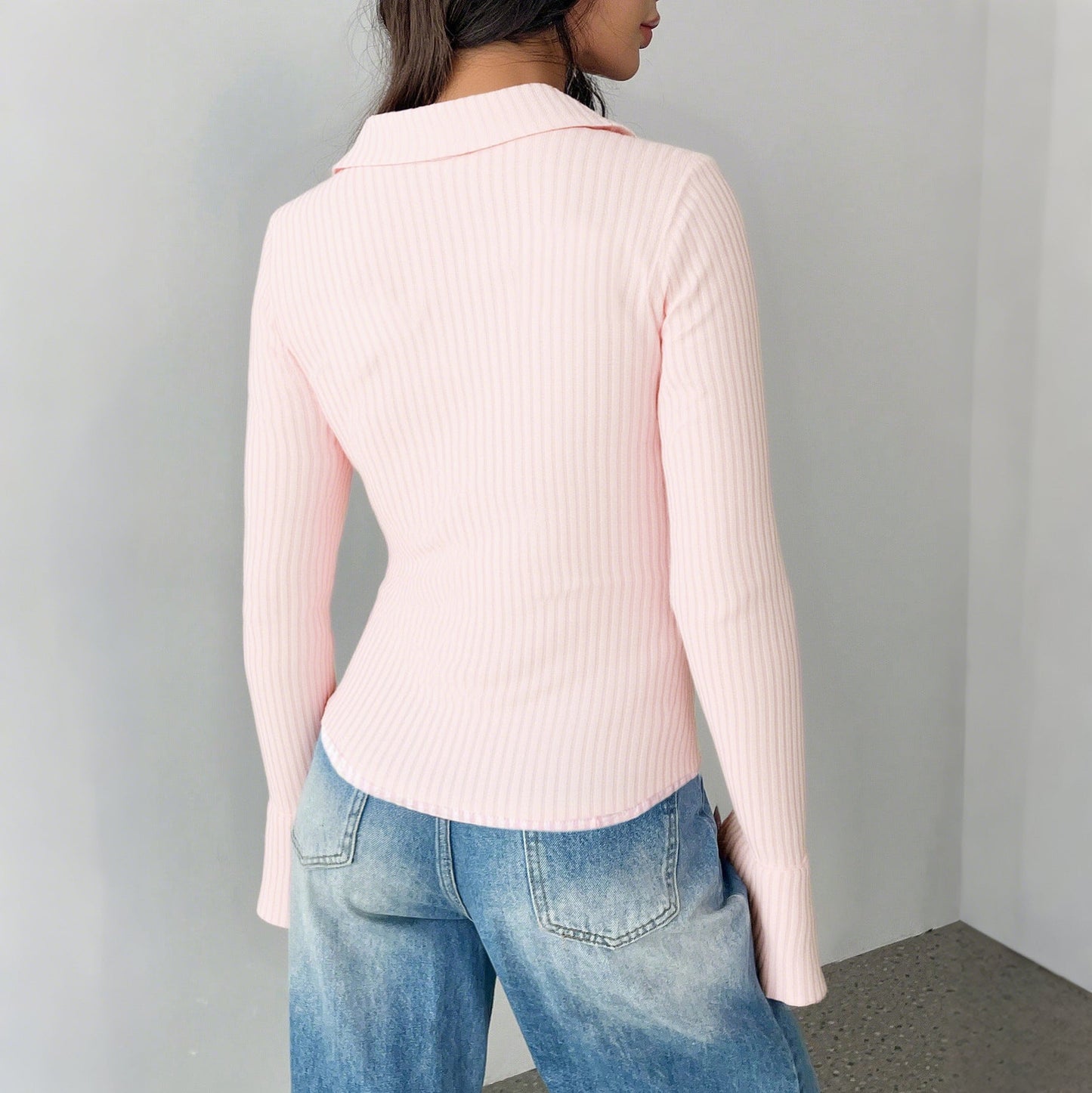 Slim Fit Ribbed Cardigan with Collared V-Neck and Bell Sleeves
