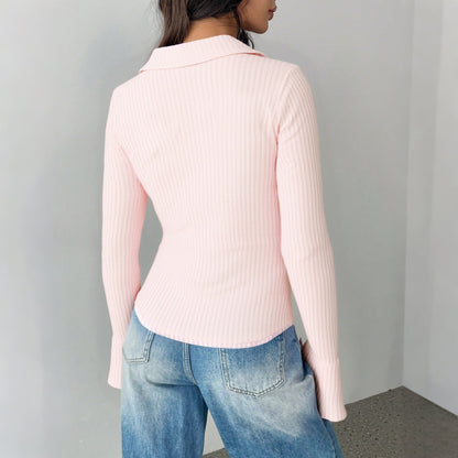 Slim Fit Ribbed Cardigan with Collared V-Neck and Bell Sleeves