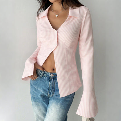 Slim Fit Ribbed Cardigan with Collared V-Neck and Bell Sleeves