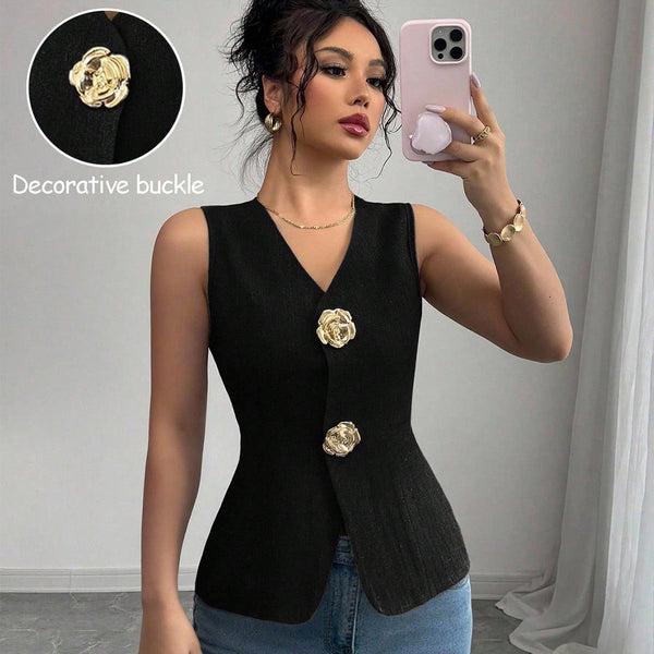 Solid V-Neck Sleeveless Vest with Decorative Gold Buttons