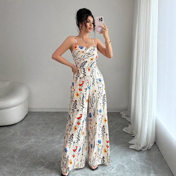 High-Waist Floral Wide-Leg Jumpsuit with Spaghetti Straps