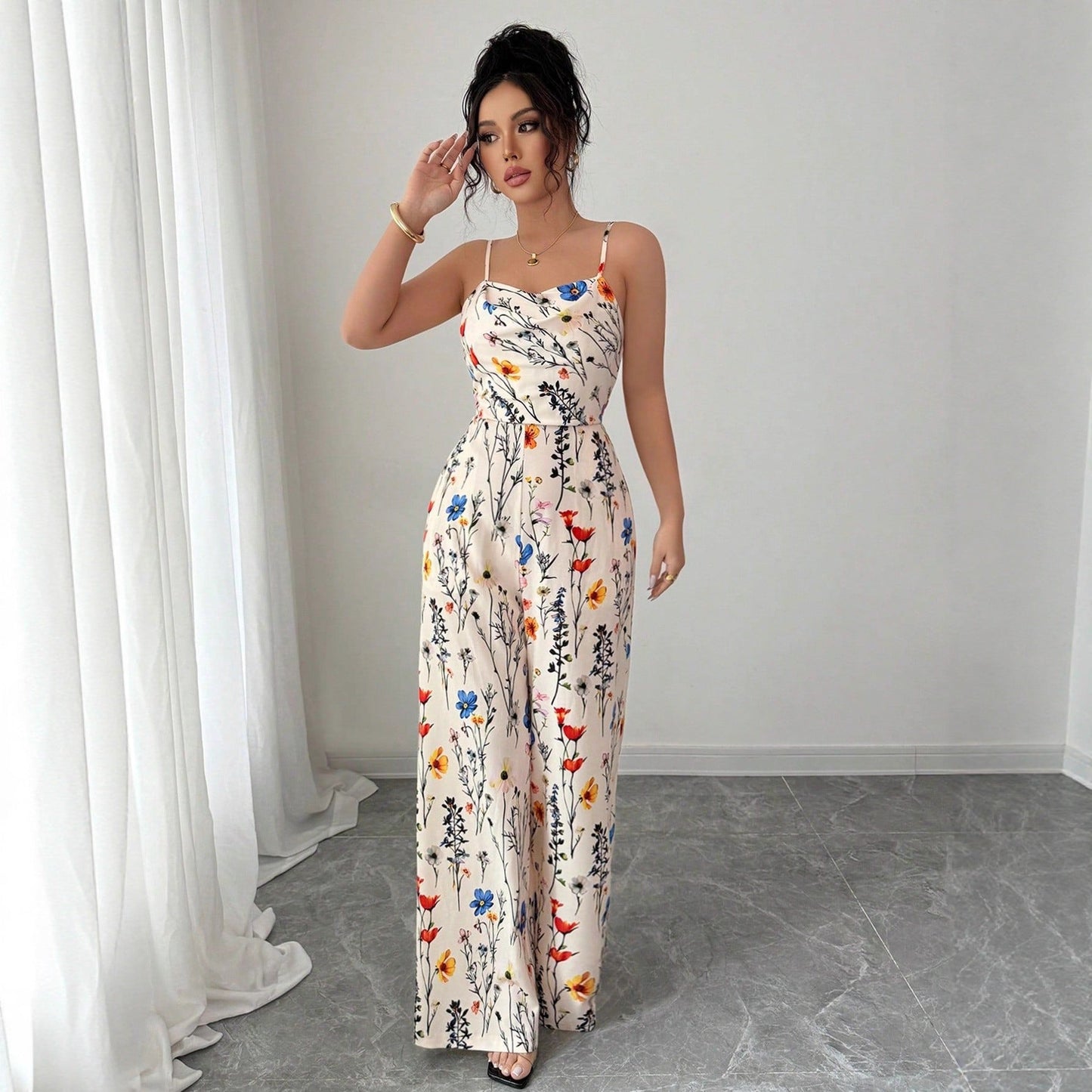 High-Waist Floral Wide-Leg Jumpsuit with Spaghetti Straps