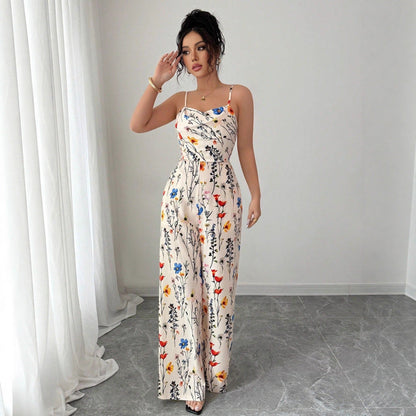 High-Waist Floral Wide-Leg Jumpsuit with Spaghetti Straps
