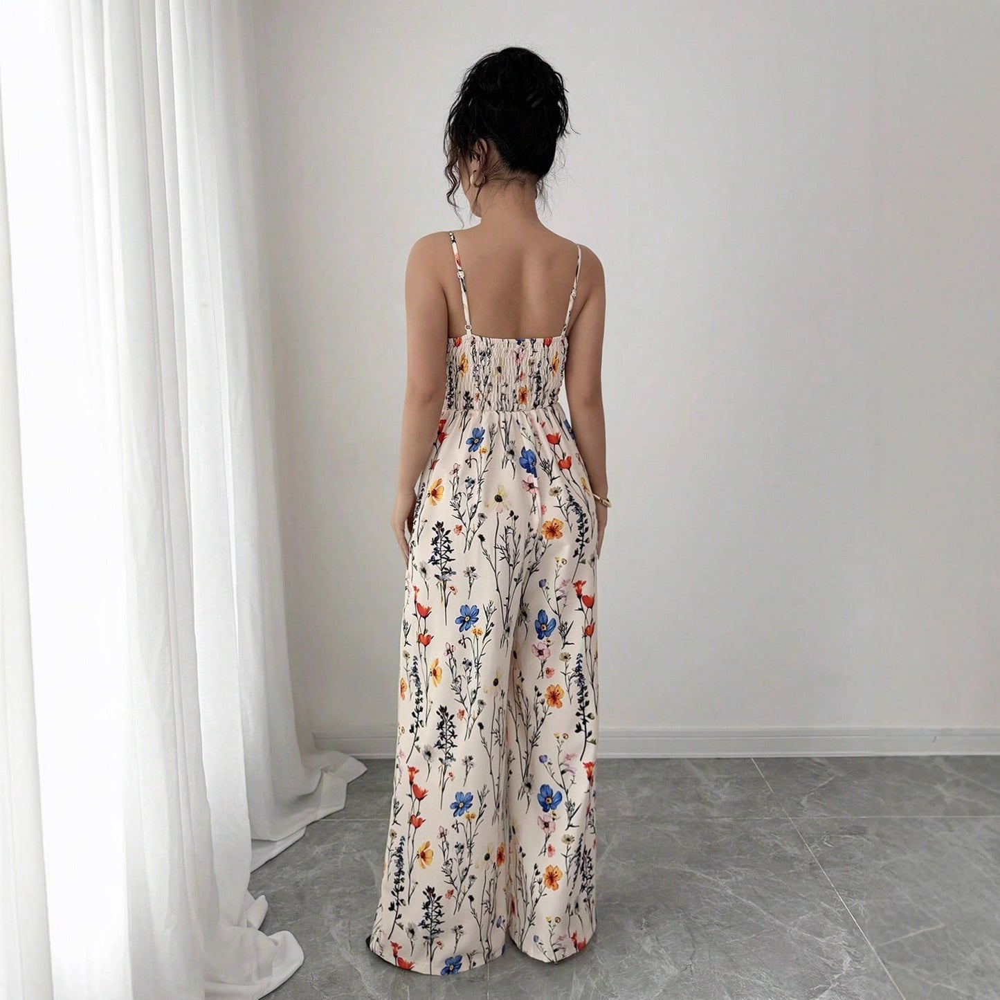 High-Waist Floral Wide-Leg Jumpsuit with Spaghetti Straps
