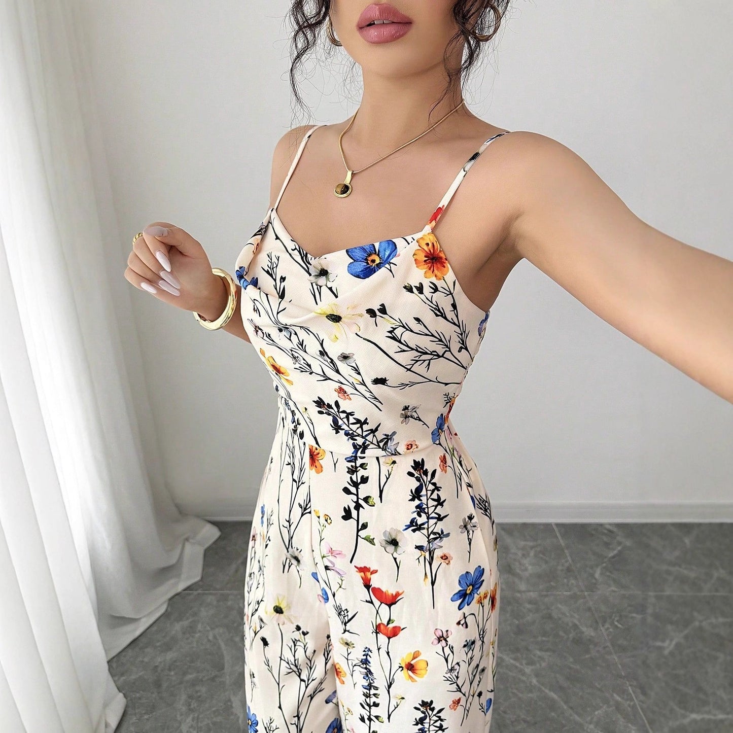 High-Waist Floral Wide-Leg Jumpsuit with Spaghetti Straps