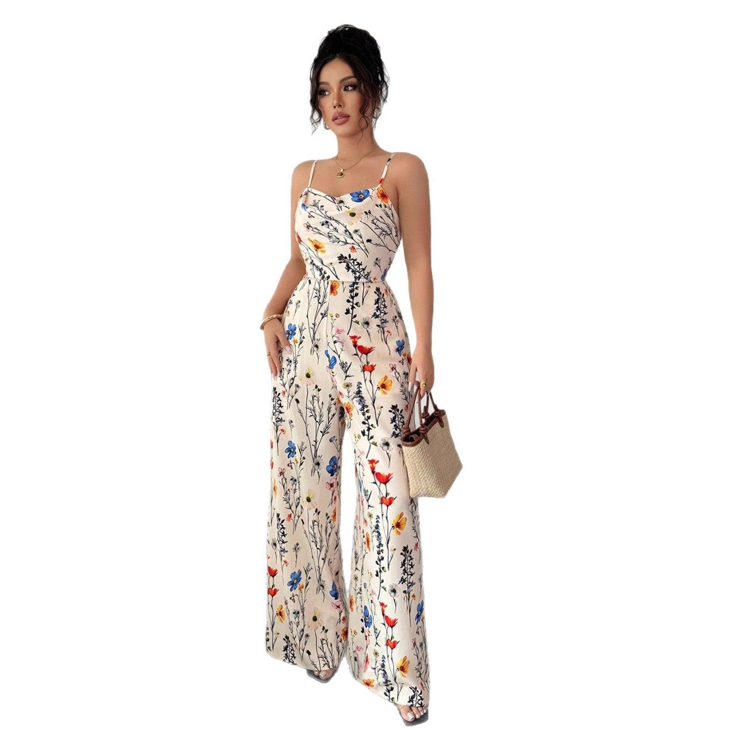 High-Waist Floral Wide-Leg Jumpsuit with Spaghetti Straps