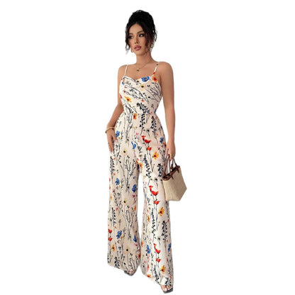 High-Waist Floral Wide-Leg Jumpsuit with Spaghetti Straps
