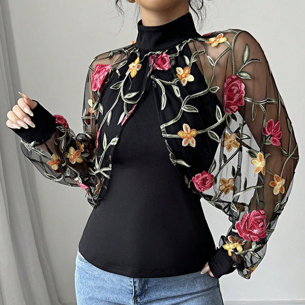 Floral Embroidered Mock Neck Top with Sheer Mesh Sleeves