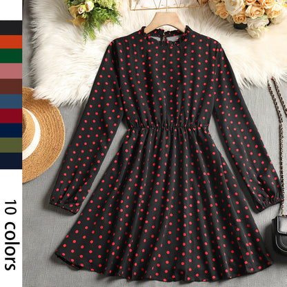 Polka Dot A-Line Dress with Ruffled Mock Neck and Long Sleeves