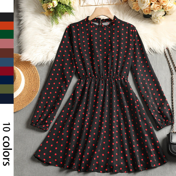 Polka Dot A-Line Dress with Ruffled Mock Neck and Long Sleeves