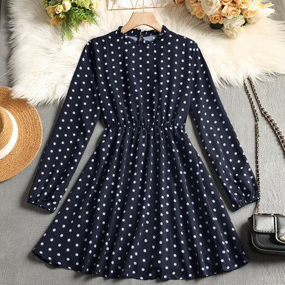 Polka Dot A-Line Dress with Ruffled Mock Neck and Long Sleeves