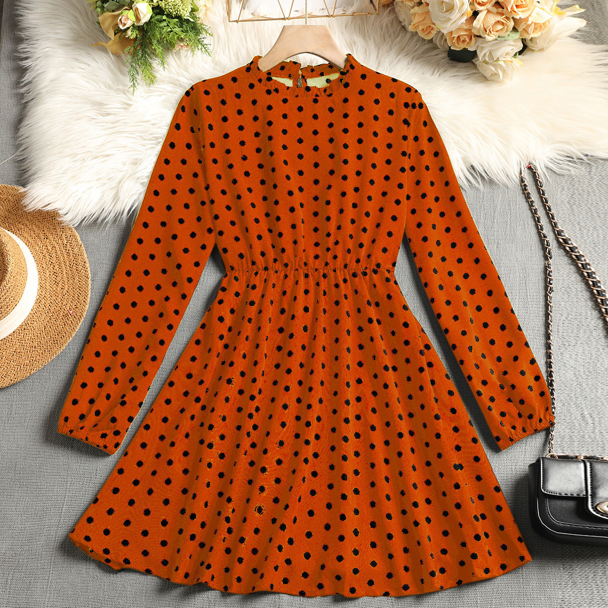 Polka Dot A-Line Dress with Ruffled Mock Neck and Long Sleeves