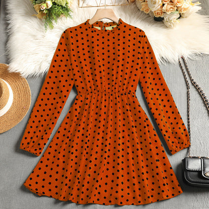 Polka Dot A-Line Dress with Ruffled Mock Neck and Long Sleeves