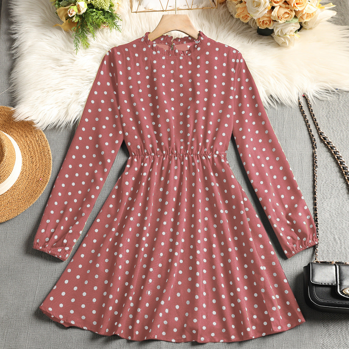 Polka Dot A-Line Dress with Ruffled Mock Neck and Long Sleeves