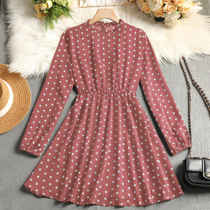 Polka Dot A-Line Dress with Ruffled Mock Neck and Long Sleeves