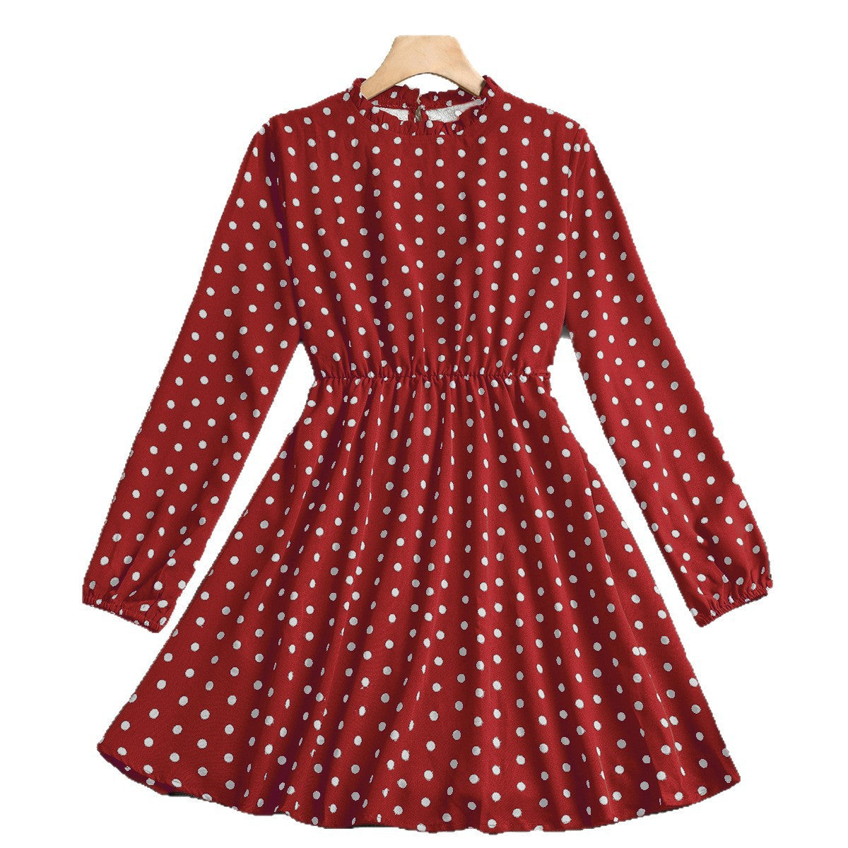 Polka Dot A-Line Dress with Ruffled Mock Neck and Long Sleeves