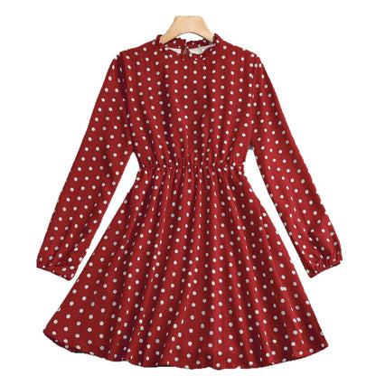 Polka Dot A-Line Dress with Ruffled Mock Neck and Long Sleeves