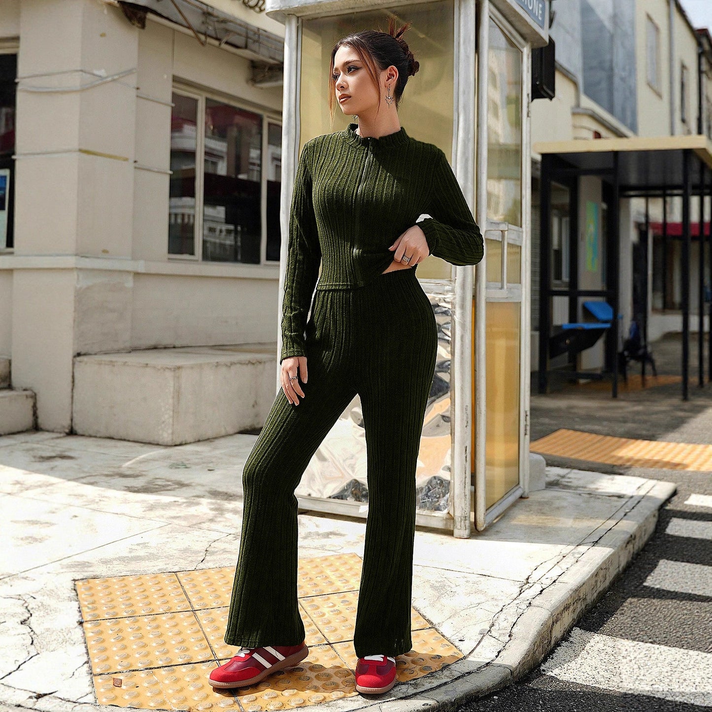 Ribbed Knit Two-Piece Set with Zip-Up Mock Neck and Flared Pants