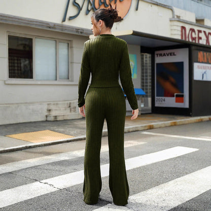 Ribbed Knit Two-Piece Set with Zip-Up Mock Neck and Flared Pants