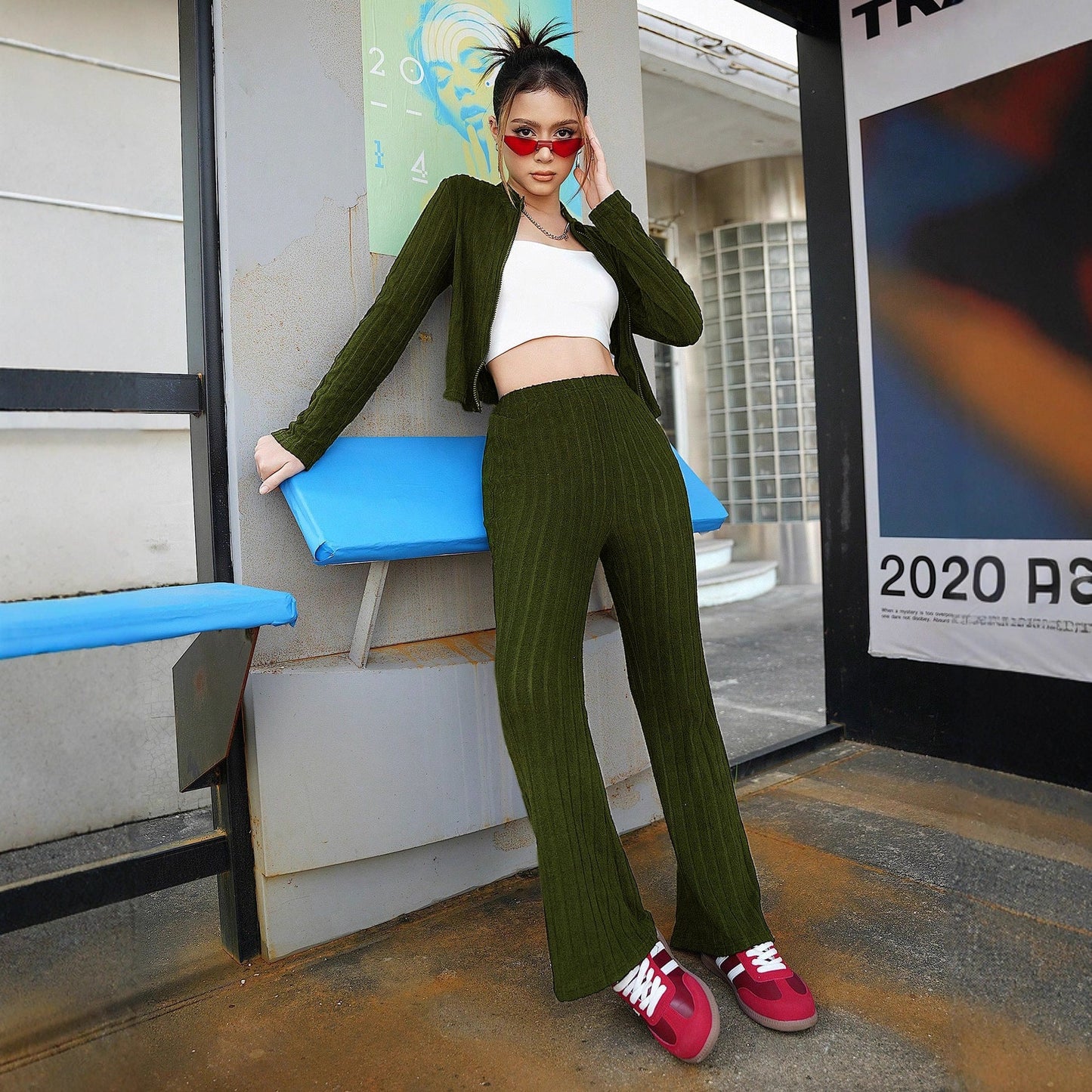 Ribbed Knit Two-Piece Set with Zip-Up Mock Neck and Flared Pants