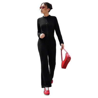 Ribbed Knit Two-Piece Set with Zip-Up Mock Neck and Flared Pants