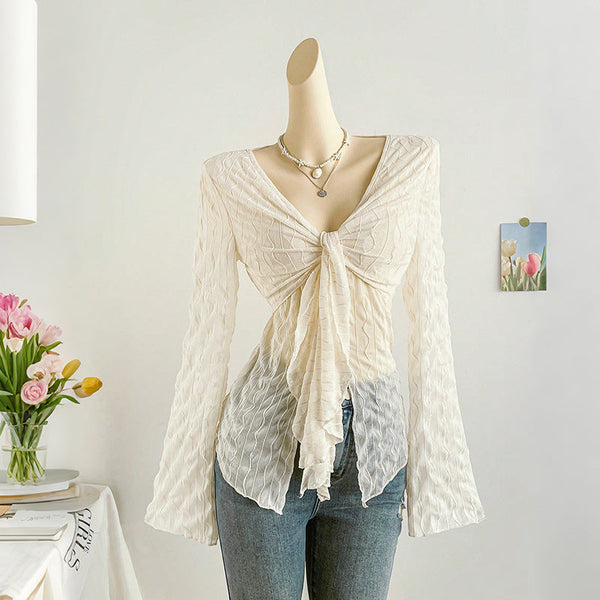 Crinkle Texture V-Neck Top with Flared Sleeves and Tie-Front