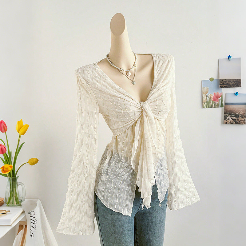 Crinkle Texture V-Neck Top with Flared Sleeves and Tie-Front