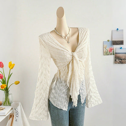 Crinkle Texture V-Neck Top with Flared Sleeves and Tie-Front