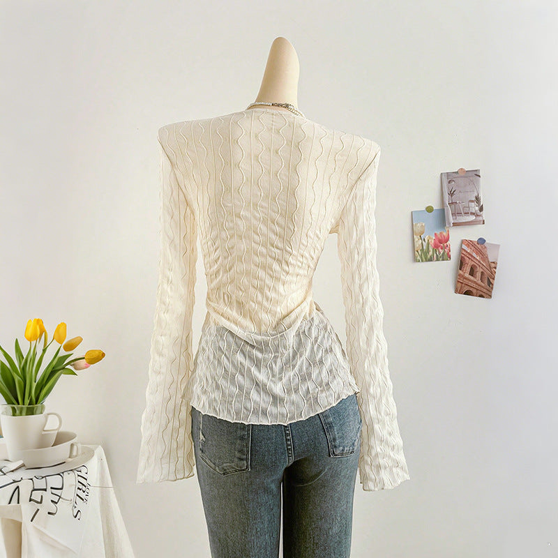 Crinkle Texture V-Neck Top with Flared Sleeves and Tie-Front