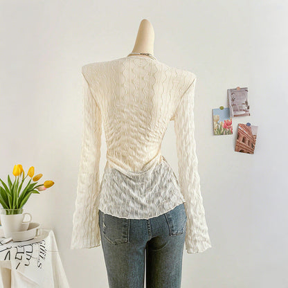 Crinkle Texture V-Neck Top with Flared Sleeves and Tie-Front