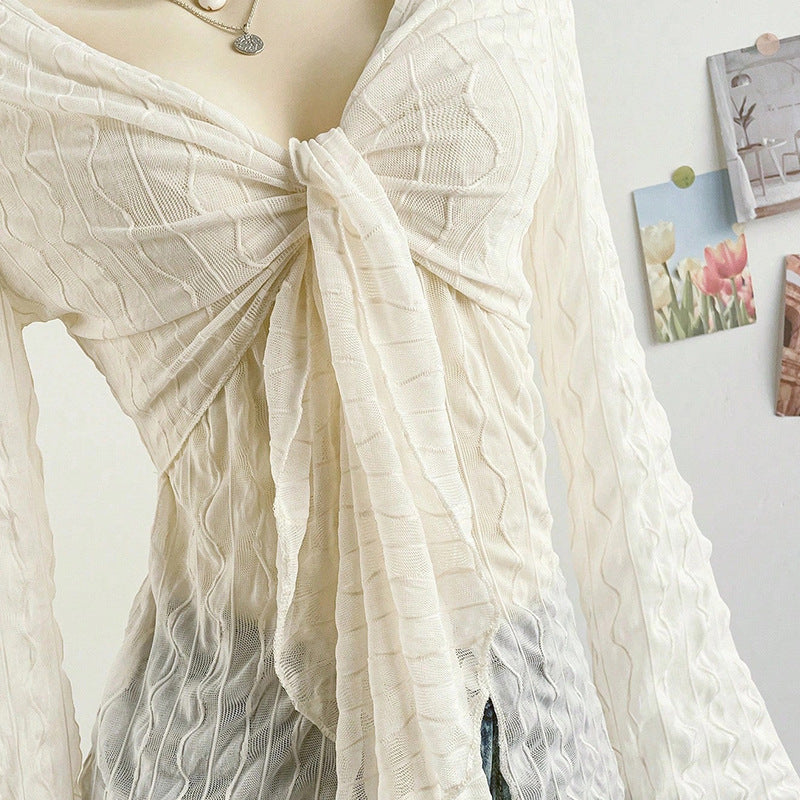 Crinkle Texture V-Neck Top with Flared Sleeves and Tie-Front